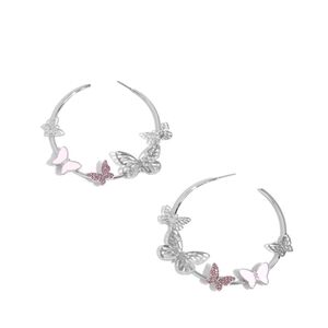 Silver and Pink Butterfly Hoop Earrings